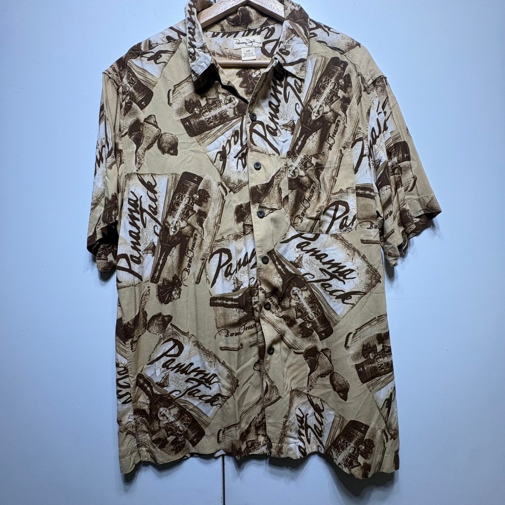 Panama Jack Shirt Mens L Tan Brown Rum Bottle Print Rayon Short Sleeve Button Up